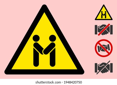 Señal de advertencia plana del apretón de manos de la empresa del vector. El icono Triángulo utiliza colores negro y amarillo. El estilo de símbolo es un signo de atención de apretón de manos de negocios plano en un fondo rosa.