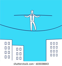 Vector business icon of businessman balancing on rope | modern flat design linear concept illustration and infographic on blue background