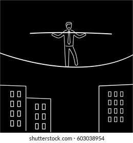 Vector business icon of businessman balancing on rope | modern flat design linear concept illustration and infographic white on black background