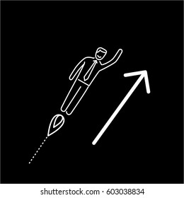 Vector business icon of businessman flying up | modern flat design linear concept illustration and infographic white on black background