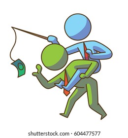 Vector business icon with a cartoon image of a blue businessman in red tie riding on a green businessman in red tie on a white background. Business, work, office. Color image. 