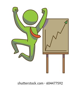 Vector business icon with a cartoon image of a green businessman in a red tie, joyfully jumping near interactive whiteboard with chart on a white background. Business, work, office. Color image. 