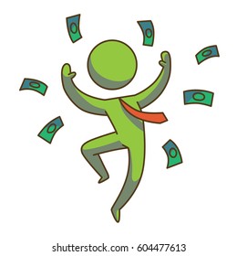 Vector business icon with a cartoon image of a green businessman in a red tie, joyfully jumping and throwing around himself green money on a white background. Business, work, office. Color image. 