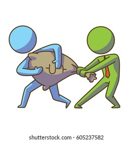 Vector business icon with a cartoon image of blue and green businessmen in red ties, trying to take away from each other a bag of money on a white background. Business, work, office. Color image. 