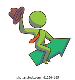 Vector business icon with a cartoon image of a green businessman in a red tie sitting astride on big green arrow with hat in hand on a white background. Business, work, office. Color image.