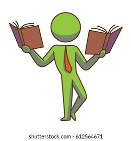 Vector business icon with a cartoon image of a green businessman in a red tie standing with two brown books in his hands on a white background. Business, work, office. Color image.