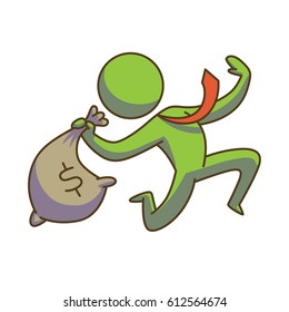 Vector business icon with a cartoon image of a green businessman in a red tie running with a bag of money in his hand on a white background. Business, work, office. Color image.
