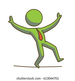 Vector business icon with a cartoon image of a green businessman in a red tie walking balancing on a tightrope on a white background. Business, work, office. Color image.