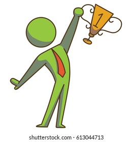 Vector business icon with a cartoon image of a green businessman in a red tie standing with a gold cup with number 1 in his hand on a white background. Business, work, office. Color image.