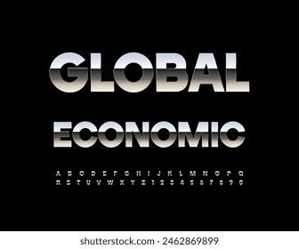 Vector business icon Global Economic. Reflective Alphabet Letters and Numbers set. Glossy silver Font.