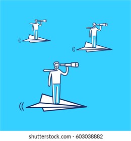 Vector business icon of paper airplane with businessman flying right direction | modern flat design linear concept illustration and infographic on blue background