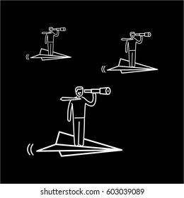Vector business icon of paper airplane with businessman flying right direction | modern flat design linear concept illustration and infographic white on black background