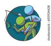 Vector business icon: round dark green frame with cartoon image of a blue businessman in red tie riding on a green businessman in red tie on a white background. Business, work, office. Color image. 