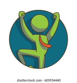 Vector business icon: round dark green frame with cartoon image of a green businessman in a red tie joyfully jumping on a white background. Business, work, office. Color image. 