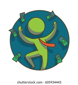 Vector business icon: round dark green frame with cartoon image of a green businessman in a red tie, joyfully throwing around himself money on a white background. Business, work, office. Color image. 