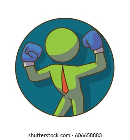 Vector business icon: round dark green frame with cartoon image of a green businessman in a red tie,  in blue boxing gloves going to fight on a white background. Business, work, office. Color image. 