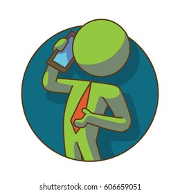 Vector business icon: round dark green frame with cartoon image of a green businessman in a red tie, standing and talking on smartphone on a white background. Business, work, office. Color image. 