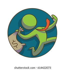 Vector business icon: round dark blue frame with cartoon image of a green businessman in a red tie running with a bag of money in his hand on a white background. Business, work, office. Color image. 
