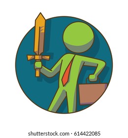 Vector business icon: round dark blue frame with cartoon image of a green businessman in a red tie with a briefcase and sword in his hands on a white background. Business, work, office. Color image. 