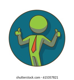 Vector business icon: round dark blue frame with cartoon image of a green businessman in a red tie standing and showing thumbs up on a white background. Business, work, office. Color image.
