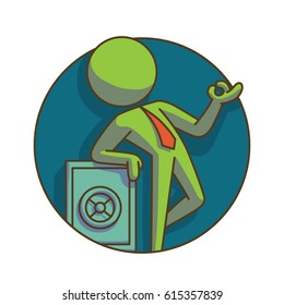Vector business icon: round dark blue frame with cartoon image of a green businessman in a red tie standing leaning on a light blue safe on a white background. Business, work, office. Color image.