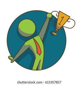 Vector business icon: round dark blue frame with cartoon image of a green businessman in a red tie with a gold cup with number 1 in his hand on a white background. Business, work, office. Color image.