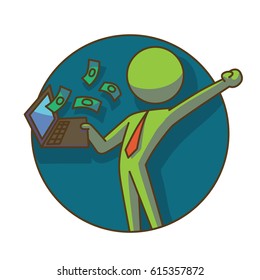Vector business icon: round dark blue frame with cartoon image of a green businessman in red tie with laptop, from which money appear, in hand on white background. Business, work, office. Color image.