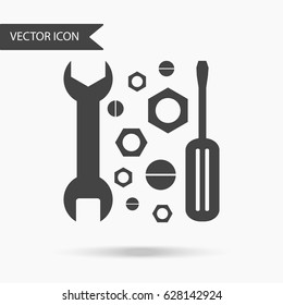 Vector business icon screwdriver, wrench and nut. Icon for for annual reports, charts, presentations, workflow layout, banner, number options, step up options, web design. Contemporary flat design.