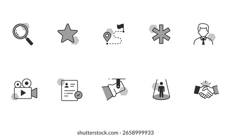 Vector Business Icon Set – Resume, Profile, Star, Search, Media, User, Goal, Paint, Spotlight, Handshake Icons for Infographics and Web Design