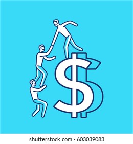 Vector business icon of team help cooperation climbing on dolar sign | modern flat design linear concept illustration and infographic white on blue background