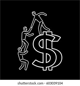Vector business icon of team help cooperation climbing on dolar sign | modern flat design linear concept illustration and infographic white on black background