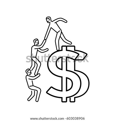 Vector business icon of team help cooperation climbing on dolar sign | modern flat design linear concept illustration and infographic black on white background