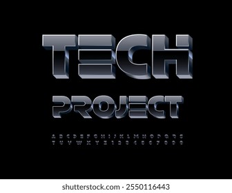 Vetor ícone de negócios Projeto de Tecnologia. Fonte 3D Digital em Preto e Aço. Conjunto de letras e números do alfabeto de estilo futurista.