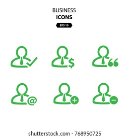 Vector Business Icons, green color outline user icon, graph and bars, up and down