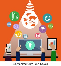 Vector business icons with hand touch phone tablet and computer