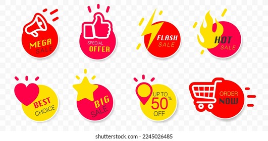 Vector business icons modern labels and tags banners stickers creative design, Shopping and Mega sale, special offer, Big sale, Order now, Flash sale, Best choice and Hot sale