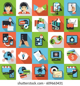 Vector business icons network technology database analyst productivity labor square shape forms