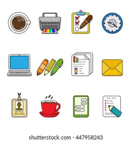 Vector business icons set. Color outlined icon collection. Laptop, printer, smartphone, printer, badge, documents, coffee cup, watch, graphics, tablet, messages, pen, pencil, marker.