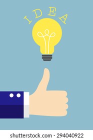 Vector business idea illustration. Hand thumb up with bulb light on blue background. 