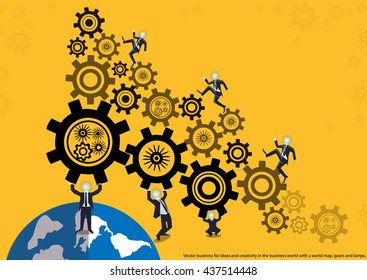 Vector business for ideas and creativity in the business world with a world map, gears and lamps, flat design