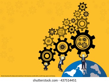 Vector business for ideas and creativity in the business world with a world map, gears and lamps, flat design
