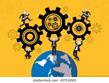 Vector business for ideas and creativity in the business world with a world map, gears and lamps, flat design