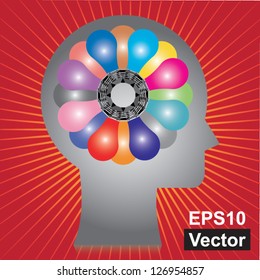 Vector : Business Ideas Generated Concept Present By Head With Colorful Flower Made From Group of Colorful Light Bulb in Red Shiny Background