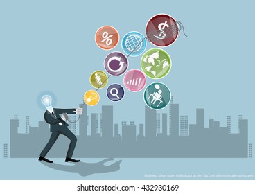 Vector Business ideas ropes pulled out a coin. Success informal trade with icons  flat design