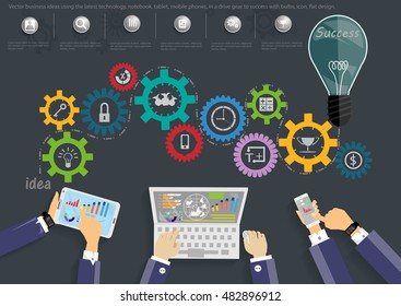 Vector business ideas using the latest technology, notebook, tablet, mobile phones, in a drive gear to success with bulbs, icon, flat design.