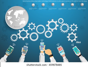 Vector business ideas using modern technology, mobile phones, in a drive gear to success on the world, an icon, flat design.