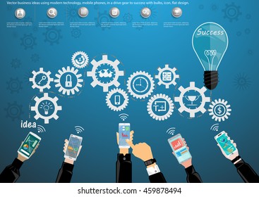 Vector business ideas using modern technology, mobile phones, in a drive gear to success with bulbs, icon, flat design.