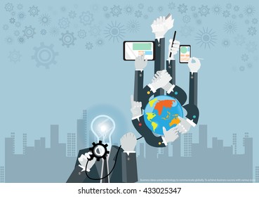 Vector business ideas using technology to communicate globally to achieve business success with various icons flat design