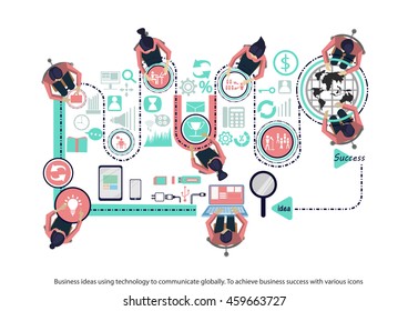 Vector business ideas using technology to communicate globally to achieve business success with various icons flat design