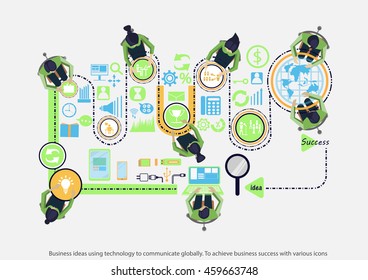 Vector business ideas using technology to communicate globally to achieve business success with various icons flat design